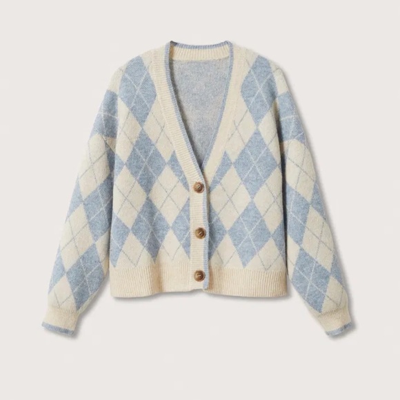 MANGO Knitted Cardigan With Diamonds | Argyle Blue Cream - Size S - Picture 4 of 5